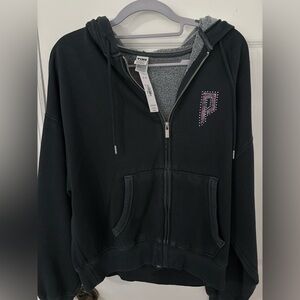 PINK Victoria's Secret Dark Gray Sherpa-Lined Zip Hoodie